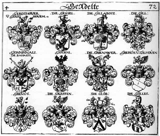 Coats of arms of Gerdthover, Gessel, Gill, Gillabotz, Gionninnali, Gioveni, Glöb, Goelles, Gölles, Grefen, Greffen, Greisch, Grenus, Grienawer, Grünaw