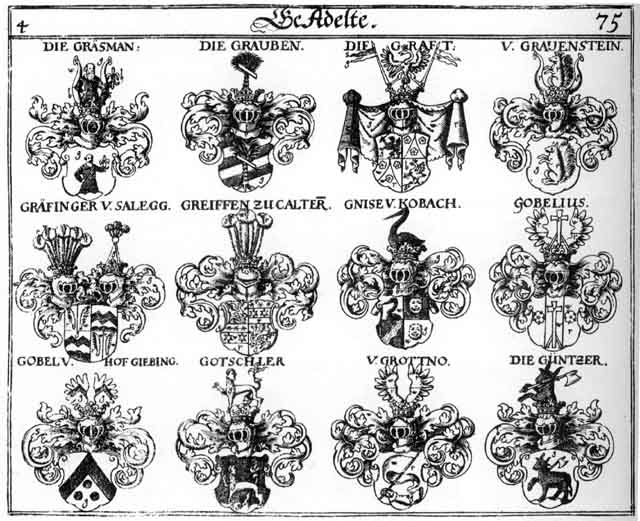 Coats of arms of Gnise, Gobel, Gobelig, Gotschler, Gottschler, Graesmann, Grafft, Grafinger, Gräsmann, Grauben, Gravenstein, Gravensteiner, Greiff, Greiffen, Grottno, Güntzer