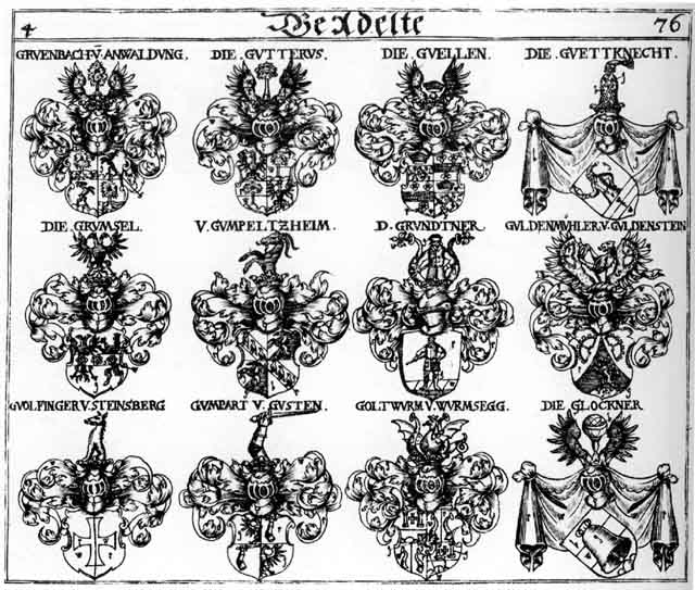 Coats of arms of Glockner, Goltwurm, Gruenbacb, Grumsel, Grundtner, Guetknecht, Gumpart, Gumpelzheim, Guolfinger, Gutterus