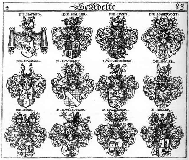 Coats of arms of Habervogt, Haffner, Haindl, Hainen, Haller, Hammer, Handl, Hane, Hann, Hannen, Haunoldt, Haunoldten, Hausleutner, Hausmaner, Hayler, Hayn, Heller, Hendl