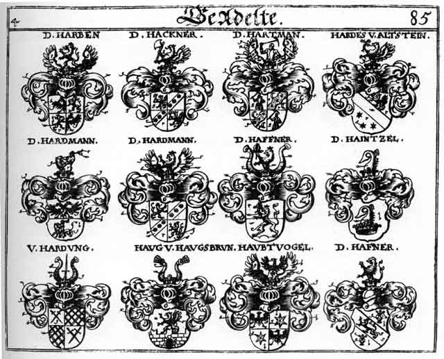 Coats of arms of Hackner, Haffner, Haintzel, Harben, Hardes, Hardinann, Hardung, Hartmann, Hartmanner, Haubtvogel, Haug, Haugen, Hayntzel, Heintzel