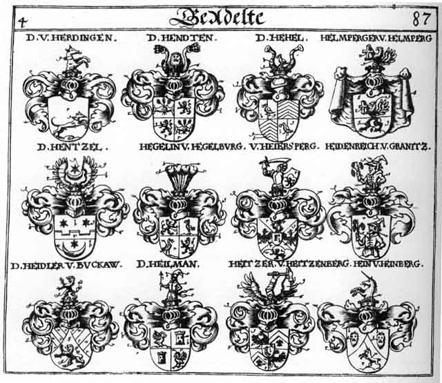 Coats of arms of Haidenreich, Haidler, Hain, Hayresperg, HeelnHel, Hegelin, Hehel, Heidler, Heiersperg, Heilmann, Hein, Heitzer, Helmperger, Hendten, Henszel, Hentzel, Herding, Herdingen, Heydenreich, Heyne, Hidenreich