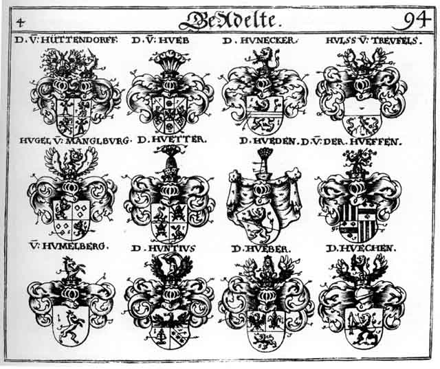 Coats of arms of Huber, Hudte, Hueber, Huechen, Hueden, Hueffen, Hüetter, Hugel, Hüls, Hülsen, Humelberg, Hummelberg, Hunnecker, Huntig, Hüttendorff, Hutter