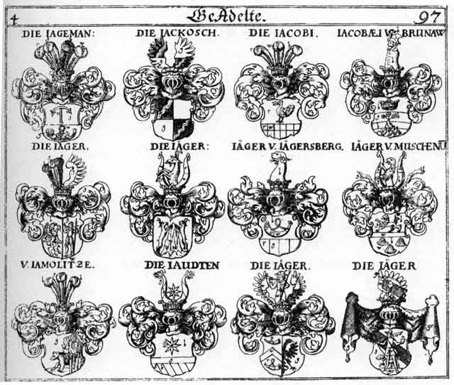 Coats of arms of Jackosch, Jacobaei, Jacobi, Jaeger, Jagemann, Jamolitze, Jaudten