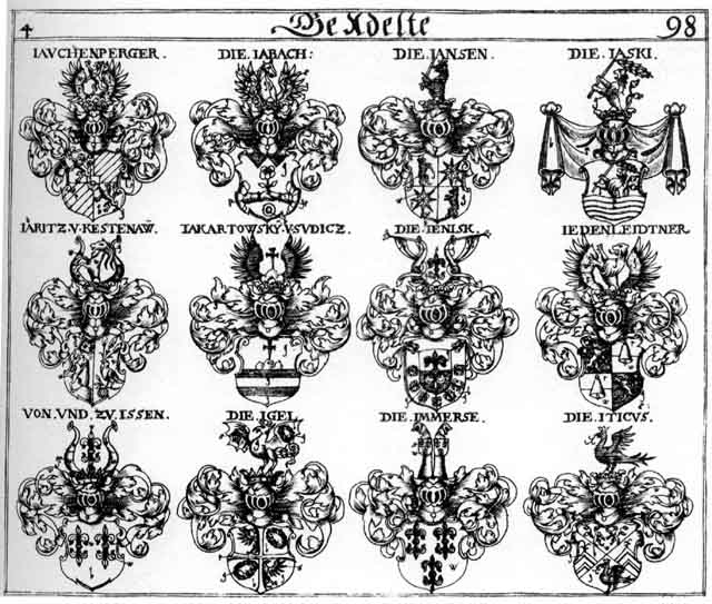 Coats of arms of Igel, Immerse, Issen, Iticus, Jabach, Jackartowsky, Jansen, Jaritz, Jasky, Jauckenberger, Jedenleidtner, Jenisk