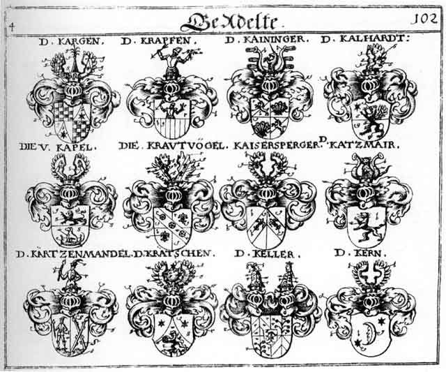 Coats of arms of Kaininger, Kalhardt, Kargen, Kärtzenmandel, Katzmair, Keller, Kern, Kohlöffel, Koleffel, Krapfen, Krätschen, Krautvogel
