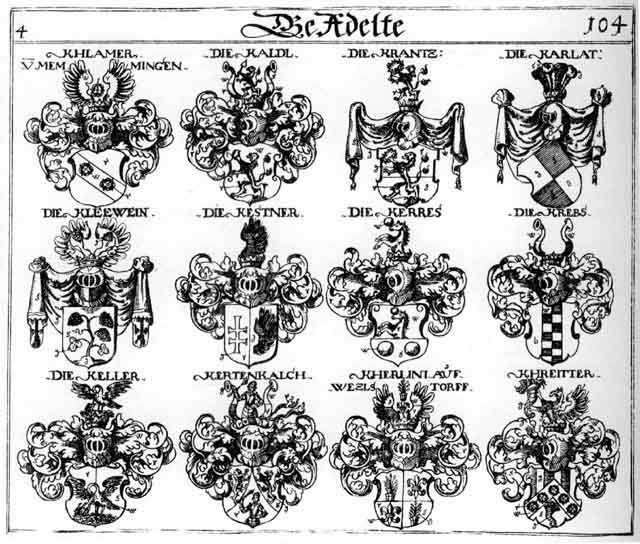 Coats of arms of Clamer, Kaldl, Karlat, Keller, Kerres, Kertenkalch, Kestner, Kherlini, Khlamer, Khreitter, Klammer, Krantz, Krantzen, Krebs, Krebse