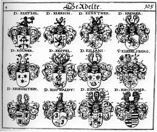 Coats of arms of Colner, Crämer, Kenntner, Keppel, Kienaft, Kiliani, Kirchamer, Kiswaldt, Klebelsberg, Klerich, Kletzel, Koelner, Kölner, Köppel, Kramer, Kremer, Krieglstein