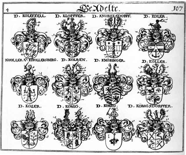 Coats of arms of Color, Kholler, Klopfer, Knobelsdorf, Knöringer, Koeller, Koenig, Koenig K, Koenigsdorffer, Kohler, Kolben, Köler, Kölern, Koller, König, Königsdorffer
