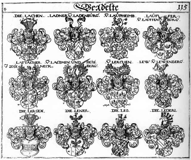 Coats of arms of Egen, Lachen, Ladner, Lattacher, Lauffer, Laupheimb, Lebner, Lederl, Lener, Leo, Lerch, Lerchen, Lersen, Lew, Lewen