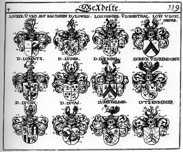 Coats of arms of Liebeck, Locker, Loichinger, Loys, Loysen, Lübeck, Lucan, Lucas, Lüder, Luening, Lürenfelder, Lutzenberger