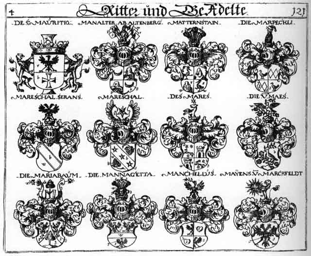 Coats of arms of Emern, Maes, Manchelli, Mannagetta, Mares, Mariabaum, Marpeckli, Maternsteln, Mayens, S  Mauritio, Serans