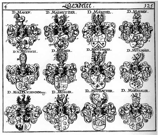 Coats of arms of Madrutz, Madrutzer, Maendel, Mair, Mändel, May, Mayen, Mayer, Mayr, Meier, Melber, Mettich, Meusinger, Mitlmayr, Möller, Mornsaler, Mosbacher