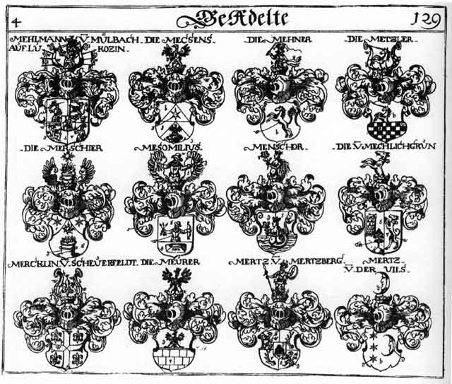 Coats of arms of Halle, Mechlichgrun, Mecsens, Mehlmann, Mehner, Menschor, Mercklin, Merschier, Mertz, Mertzen, Mesomilius, Metzler, Meurer