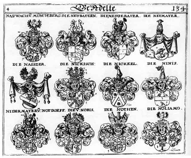 Coats of arms of Naiszer, Nawach, Neu, Neugebauer, Neumair, Neumar, Neumayr, NevV Neubauern, Nichisch, Nickel, Nidermayr, Ninis, Nobis, Noliamo, Notthen, Vid