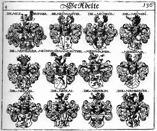 Coats of arms of Kützel, Neubeck, Neubronner, Neubrunner, Neumaister, Neumann, Neumanner, Neumon, Nickel, Nicolai, Nidermayr, Niedthaimer, Nieferlin, Nirmberger, Nürnberger