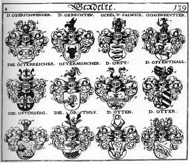Coats of arms of Oberschwender, Obrecht, Obrechten, Ochsenreuter, Ockel, Oesterreich, Oesterreicher, Offenburg, Offenthal, Orthus, Ostermoncher, Österreicher, Oth, Otten, Otthen