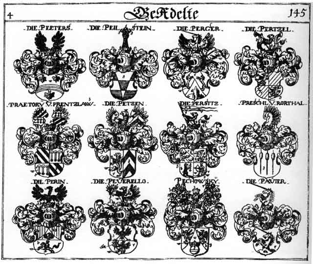 Coats of arms of Bergen, Berger, Betzen, Pavier, Pechowsky, Peeters, Peihlstein, Perger, Perin, Persitz, Pertzel, Petzen, Peuerell, Peuerello, Pezzer, Praetorii, Preschel