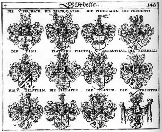 Coats of arms of Philippe, Piatosky, Pilftein, Pilotki, Pini, Piperelli, Pirchach, Pirckmayer, Plintz, Prieffer, Prudentii