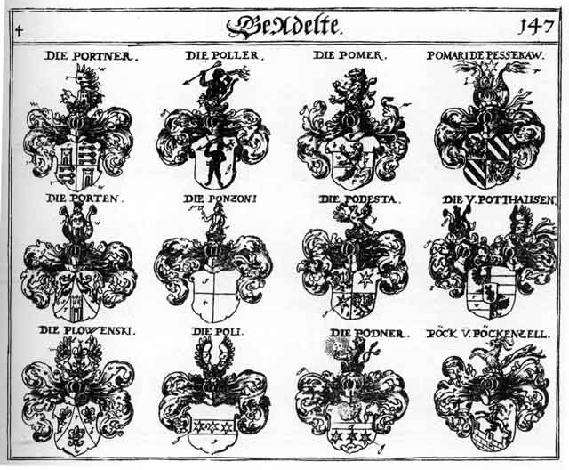 Coats of arms of Boller, plowenski, Pock, Podesta, Podner, Poeck, Poli, Poller, Pomari, Pomer, Ponzoni, Porten, Portner, Potthausen