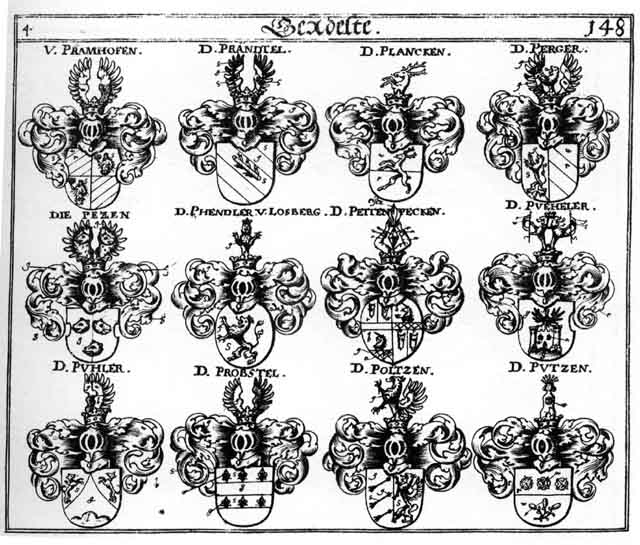 Coats of arms of Bergen, Berger, Bettenbeckn, Betzen, Blanck, Brandel, Perger, Pettenpecken, Petzen, Pezzen, Phendler, Plancken, Polzen, Praendl, Pramhosen, Prändl, Prandtel, Pröbstel, Pueheler, Pühler, Püller, Putzen, Puzen