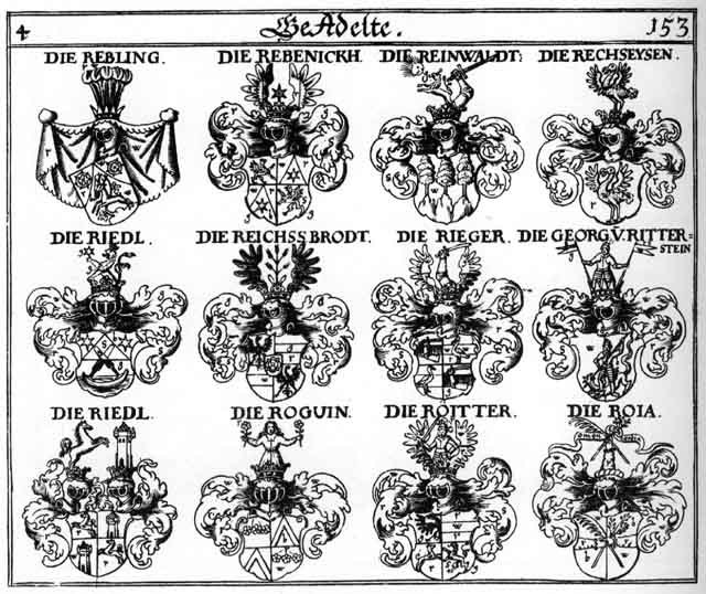 Coats of arms of Georgen, Rebenickh, Rebling, Rechseyfen, Reichsbrodt, Reinwatt, Riedl, Rieger, Roguin, Roitter, Roja, Ruedel