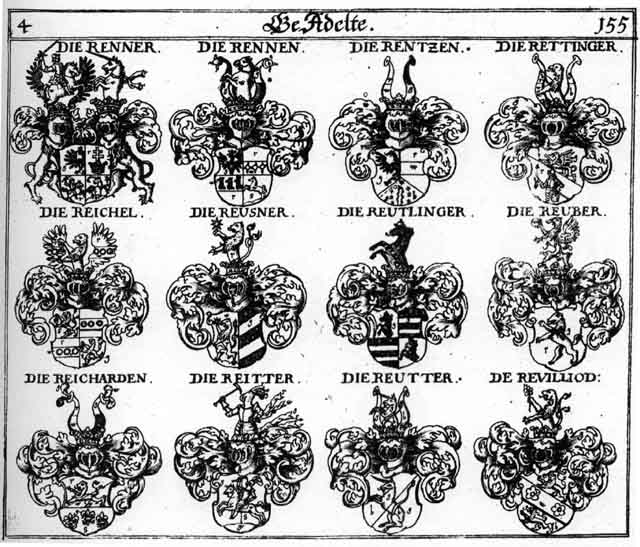 Coats of arms of Rauber, Reichardt, Reichardten, Reicharter, Reichbrodt, Reichel, Reitter, Rennen, Renner, Rentzen, Rettinger, Reuber, Reusner, Reutlinger, Reutter, Revilliod