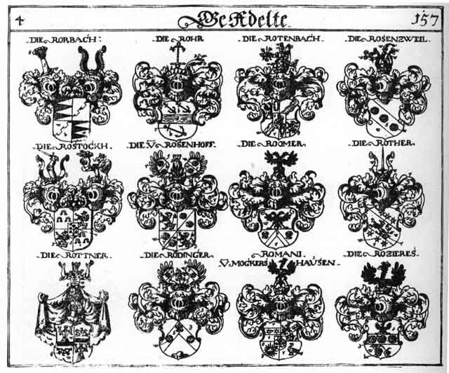Coats of arms of Rödinger, Roedinginger, Rohr, Romani, Roomer, Rosenhoff, Rosenzweil, Rostockh, Rother, Rottern, Rottner, Rozieres