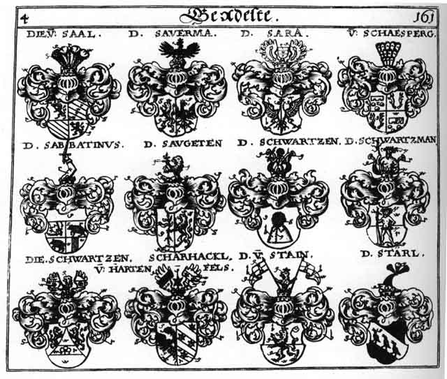 Coats of arms of Hondorff, Saal, Sabbating, Sara, Saugeten, Saverma, Schaesperg, Schneller, Schwartz, Schwartzen, Schwartzmann, Stain, Stärl, Stein