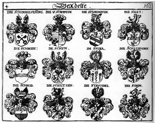 Coats of arms of de Spina, Schimmelpsenning, Schinen, Schlitzhorn, Schmidt, Schmidten, Schmit, Schrag, Schragen, Schridt, Schrimpfen, Schrümpfen, Schützen, Schyn, Silet, Spindler, Strückhel