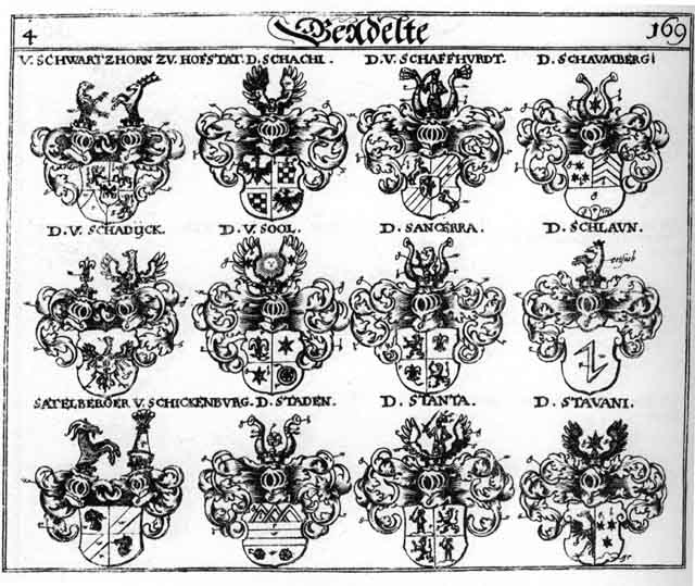Coats of arms of Sancerra, Schachi, Schaffhürd, Schaumberg, Schlaun, Schwartzhorn, Schwarzenhorn, Sool, Staaden, Staden, Stanta, Staten, Stavani