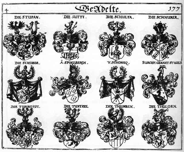 Coats of arms of Schnurer, Schober, Schoneq, Schulta, Speelbergk, Studler, Stupau, Surckh, Sutti, Syrck, Tholden, Thumben, Tumba, Tuntzel, Turinozzi