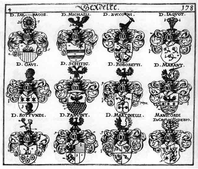 Coats of arms of Gavl, Jaqüot, Manicordi, Marant, Martinelli, Michaëlis, Panvinii, Roboretti, Rottundi, Schitius, Zucconi