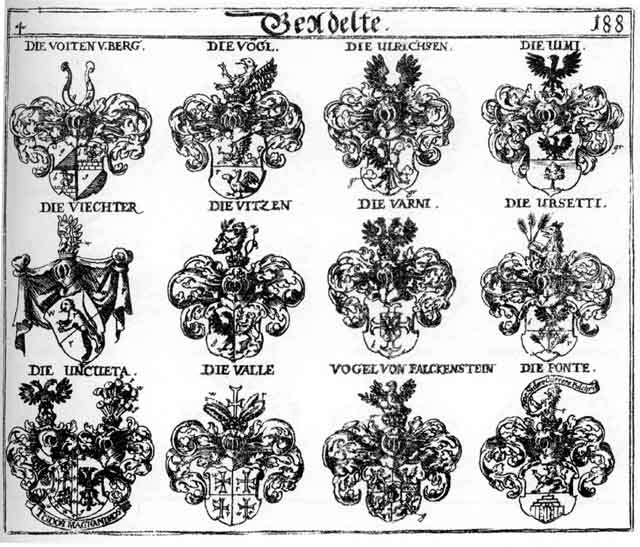 Coats of arms of Ponte, Tepfer, Töpfer, Ulmi, Ulrichsen, Uncueta, Ursetti, Valle, Varni, Viechter, Vitzen, Vogel, Vogl, Vogten, Voit, Voiten, Voyten