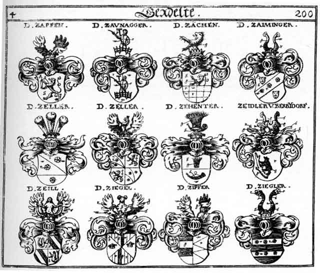 Coats of arms of Zäch, Zächen, Zaiminger, Zapfen, Zaunagger, Zechn, Zegler, Zehenter, Zeidled, Zeill, Zeller, Zeylln, Ziegel, Zigler, Zipfer