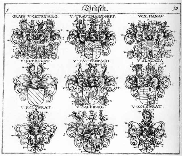 Coats of arms of Colowrat, Hanau, Kolowrat, Ortenburg, Querfurt, Slavata, Tattenpach, Trutmansdorff