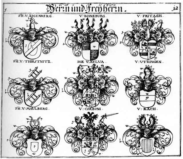 Coats of arms of Aylva FH, Boineburg FH, Corboni FH, Fritagh FH, Maulberg FH, Rach FH, Thirstnitz FH, Zigenberg FH, Zygenberg FH