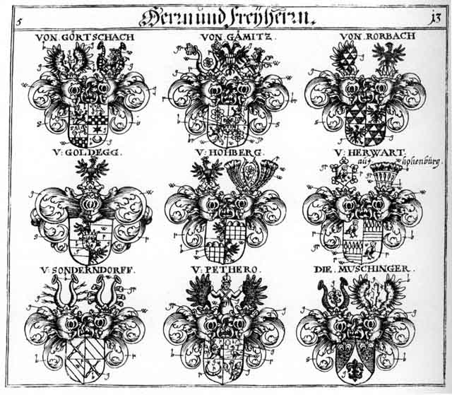 Coats of arms of Gaemitz FH, Gämitz FH, Goertschach FH, Goldegg FH, Görtschach FH, Herwart FH, Hoberg FH, Hohberg FH, Muschinge F H, Pethero FH, Rorbach FH, Sigersdorff FH