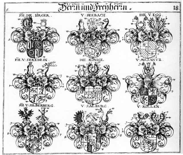 Coats of arms of Eck HF, Egg HF, Egk HF, Joerger FH, Jörger FH, Königl FH, Mesantz FH, Rollen FH, Seebach FH, Seredein FH, Silberberg FH, Tallinger