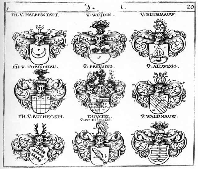 Coats of arms of Blummaw FH, Dunckel FH, Halberstadt FH, Preysing FH, Ruchegkh FH, Tobischau FH, Waldnaw FH