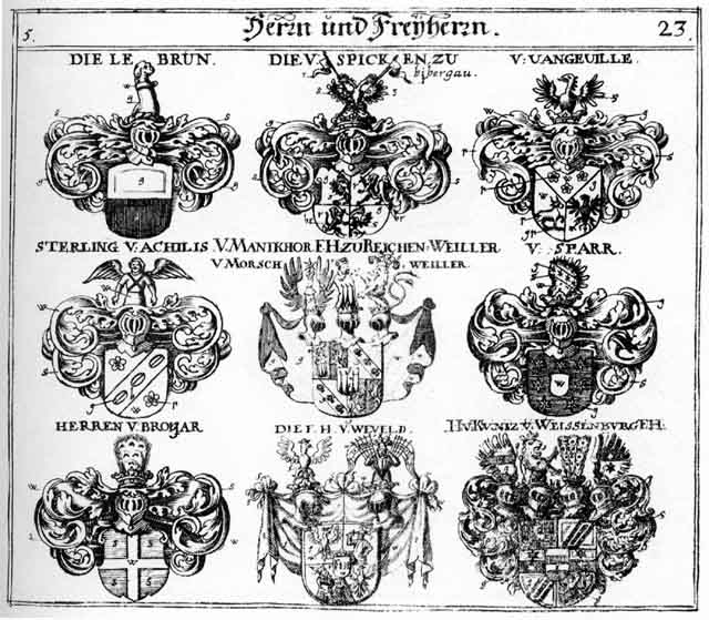 Coats of arms of Brogar FH, Friderich, Kriechbaum FH, Kriechpaum FH, Lebrun FH, Manikhor FH, Sparr F H, Spicken FH, Sterling FH, Tanner, Teutsch-Ord, Thaner, Vangaville FH, Weveld FH, z SachS  HochM