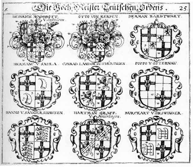Coats of arms of Bardtwardt, Burckart V  Heswinder Hoch-Meist, Conrad, Hanno V  Sangerhausen Hoch Meist, Hartman, Hartman V  Sahla HochMeist, Heinrich, Heinrich Wadbot, Heldrungen, Herman V  Sahla, HermanBardtwantHoch Meist, Heswinder, Hoch M, HochM, HochMeister, Kerpen, Ord, Osternau, Otto V  Kerpen HMeist, PoppoV Osternau HochMeist, Sahla, Sala, Sangerhausen, Teutsch, Teutschen Ord, TeutschOrd, Thüring, Thüringen, V  Heldrungen, V Babenhausen, Waddbott, Walbothen, Waldboth, Waltpod