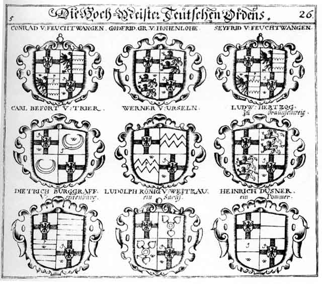 Coats of arms of Alt, Altenburg BGGR, au Teutsch-Meist K, Befort, BraunschvV H, Braunschweig - Luneburg HF, Carl Befort von Trier, Dietrich, Düsner, Feuchtwang, Godfrid     HobenloëHochMeist, Hech M, Heinrich Düsner, Hoch Meist, Hoch-Teutsch-Meist, Hohenloë, Koenig, König, Ludolph       V Weitz K, Ludwig       z, Meist, Ord, Ord, Seyfrid V  Feuchtwang, Teut, Teutsch, Teutsch Ord, TeutschOrd, Urseln, Werner von Urseln HTeutschmst, z