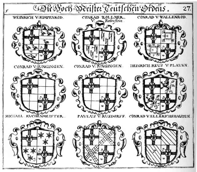 Coats of arms of Conrad von Ellerichshausen, Ellerichshausen, Elricbsbausen, Heinrich Reus V  Plauen, Hoch-Meist, Hoch-Merst, Jungingen, Kimpenrod, Kuchenmeister, Michaël Kuchenmeister, Ord, Paulus V Rusdorff HochMeist, Ruesdorff, Rusdorff, Teutsch, Teutsch-Ord, Wallenfels, Zolner