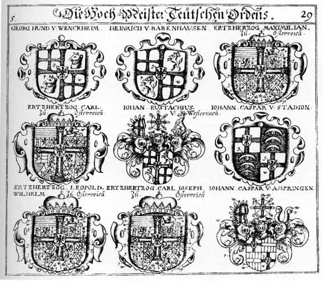 Coats of arms of Ampringen, Babenhausen, Babst, Babsten, Bapst, Carl ErzHerzog zu Oesterreich, Carl Joseph, ErzHerzog zu Oestr, Hertzog zu Oesterreich, Hoch, Hoch M, Hoch Meist TeutschOrd, Hund, Hundt, Johann Caspar von Ambringen, Johann Caspar von Stadt Hoch-Meist, Johann Eustachius von Westernach, Leopold Wilhelin  Ertz-, Maximilian ErtzH, Meist, Ord, Stadion, T, Teutsch, Westernach, Westernacher, zu Oefterr