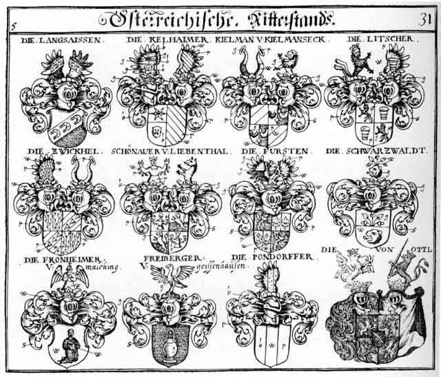 Coats of arms of Freiberger, Freyberg, Freyberger, Fronheim, Fronheimer, Fürst, Fürsten, Kelhaimer, Kielmann, Langsaissen, Litscher, Schönau, Schönauer, Schwartzwaldt, Sonau, Sonnau, Zwickhel