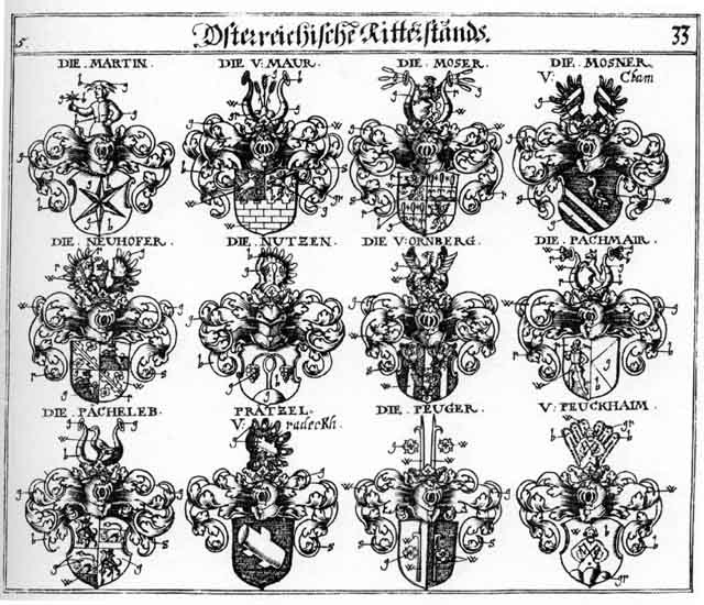 Coats of arms of Martin, Moser, Mosner, Mosser, Nutzen, Nytzen, Ornberg, Pächeleb, Paecheleb, Peuckheim, Peuger, Praetzel, Prätzel, Rademacher, Radermacher