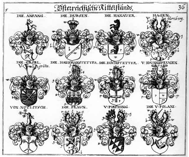 Coats of arms of Anfang, Bayrn, Braun, Dubsen, Gröbl, Hagen, Haggen, Hagn, Hanauer, Hausmanstetter, Hechstotter, Hochstetter, Idungspeug, Idungspeugen, Notlitsch, Pirching, Polani, Praun, Praunen