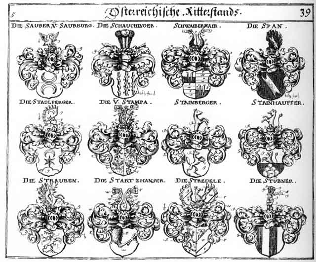 Coats of arms of Saurer, Schauchinger, Schwaibermair, Span, Stadlperger, Stainberger, Stainhauffer, Stainperg, Stampa, Startzhanser, Steinberg, Strauben, Stredete, Stübner