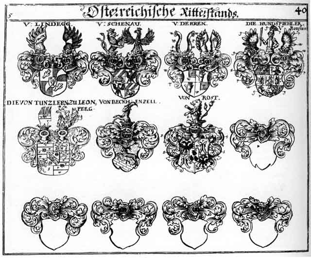 Coats of arms of Alberda, Beckhenzell, Dörren, Hundspiehler, Lindegg, Rost, Schenau, Tuntzlern